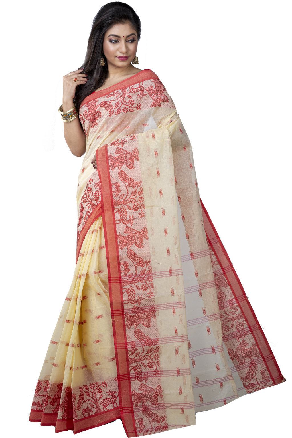 Off-White Pure Cotton ParSakuntala Tant Saree (533)